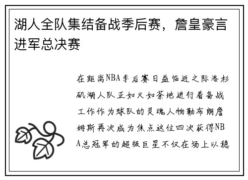 湖人全队集结备战季后赛，詹皇豪言进军总决赛