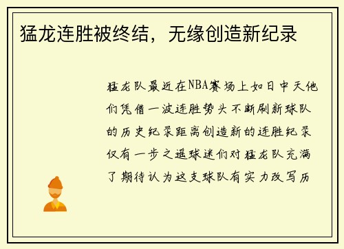 猛龙连胜被终结，无缘创造新纪录